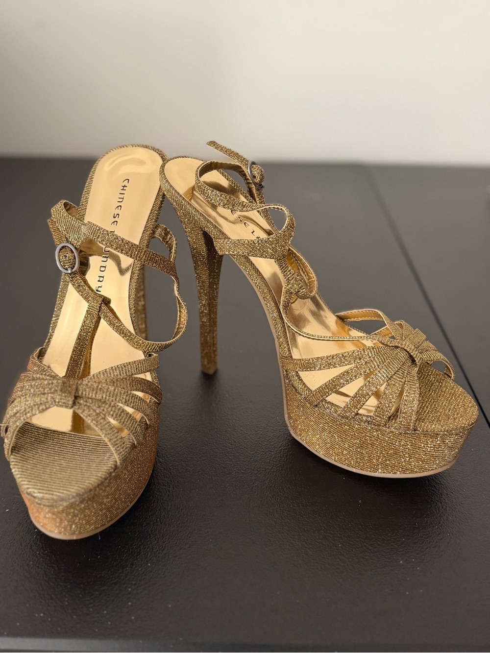Chinese Laundry Gold Glitter Strappy Platform Heels